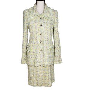 St John Couture Skirt Suit Size 4 Straight Skirt Jacket Pockets Yellow Plaid USA